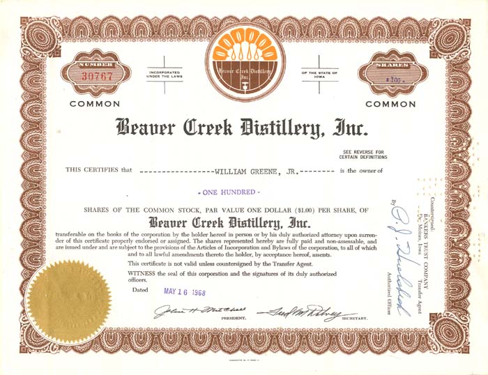 Beaver Creek Distillery, Inc. - Stock Certificate